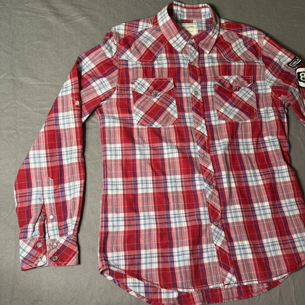 Heritage 1981 Western Snap Shirt‎ Mens Large Red Plaid Roll Tab Sleeve Button Up